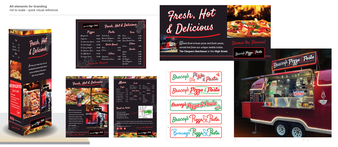 Presentation board showing initial logo development, food wagon visual, menu, A5 flyer and readside banner